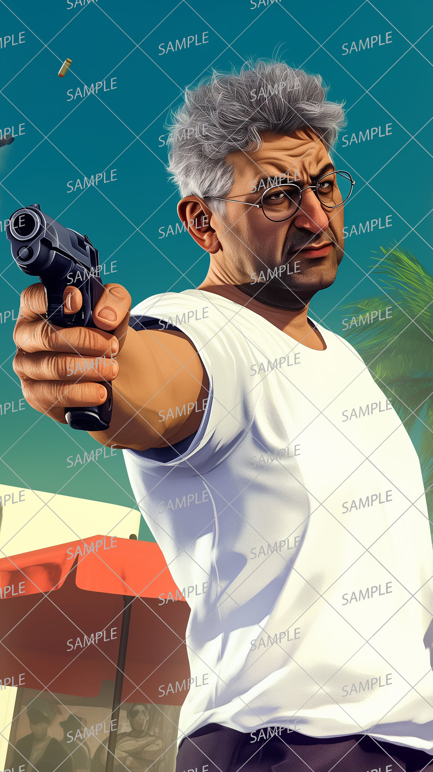 AA-0851 Man in white T-shirt and grey hair pointing a gun 2