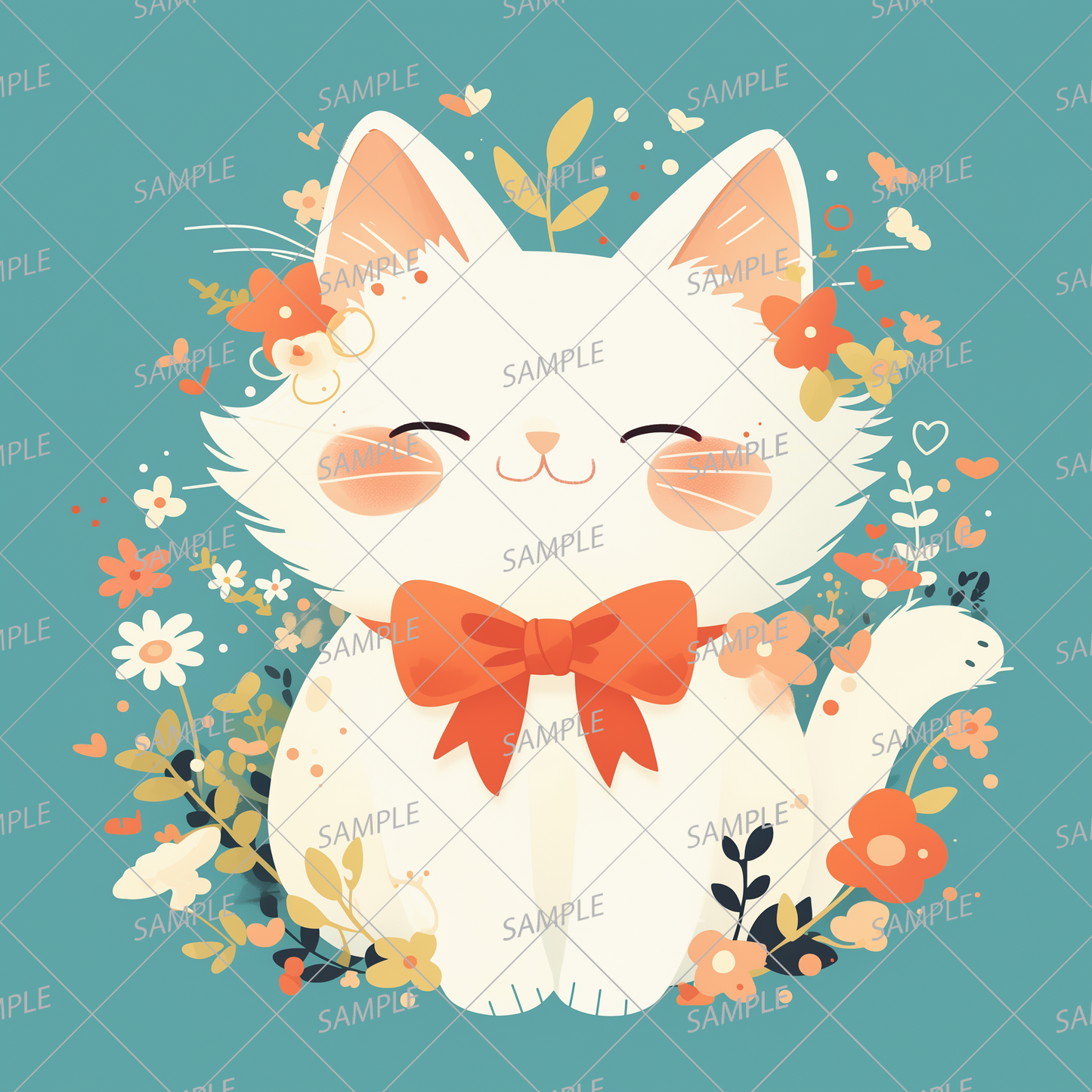 AA-0857 White cat with red ribbon smiling with closed eyes surrounded by flowers