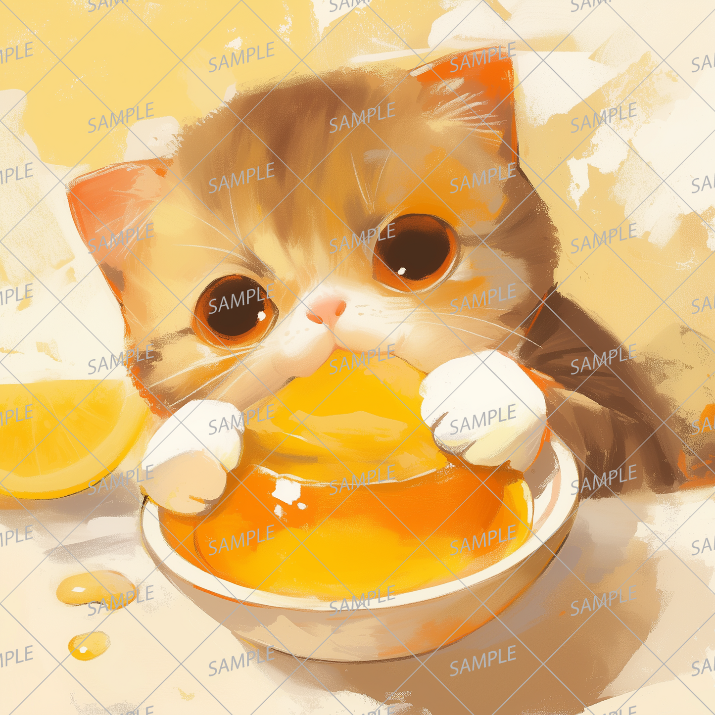 AA-0865 A brown kitten enthusiastically eating orange jelly