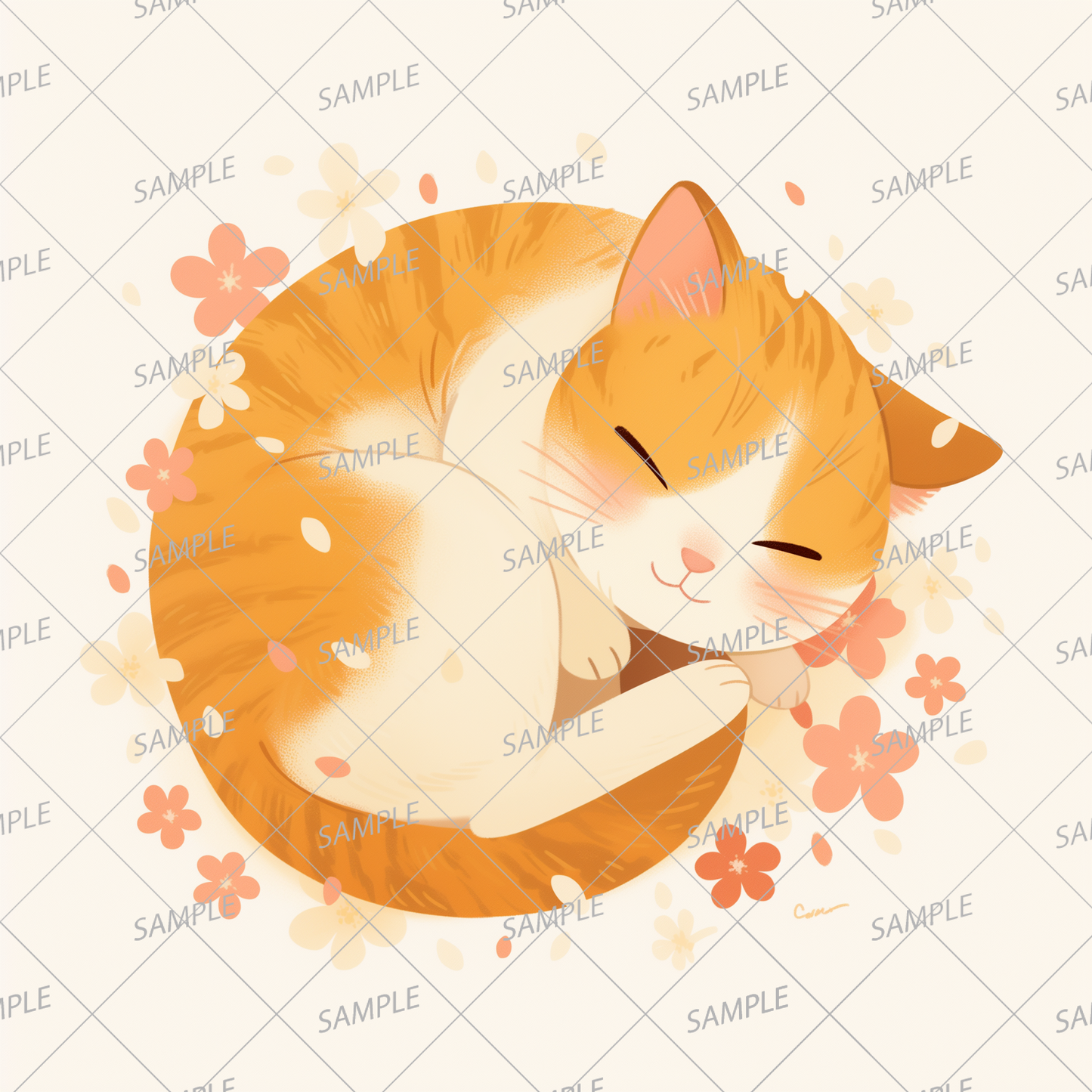 AA-0870 An orange and white kitten sleeping adorable among flowers