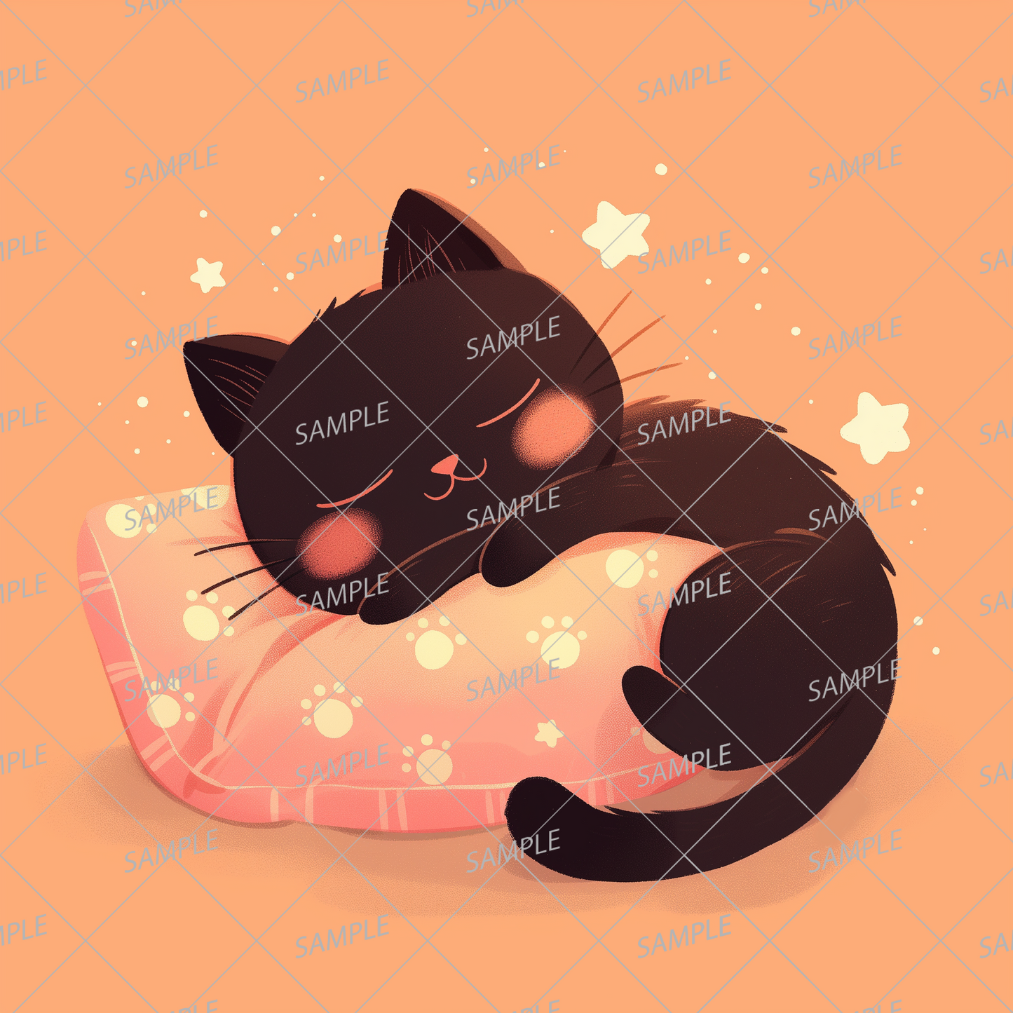 AA-0871 A black kitten sleeping peacefully on a cushion with a paw print pattern