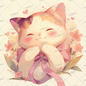 AA-0872 A calico cat smiling happily with a pink ribbon around its neck