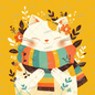 AA-0873 A happy cat wearing a colorful scarf, giving the feeling of spring