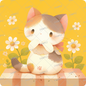 AA-0876 A cat sitting on a checkered base surrounded by daisies