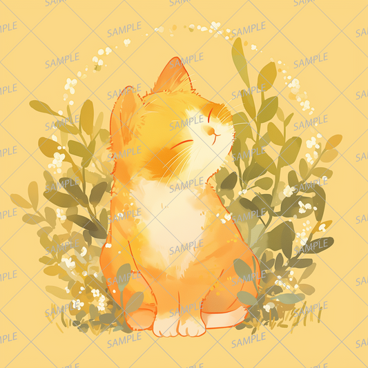 AA-0878 An orange cat that looks comfortable surrounded by plants and pleasant weather