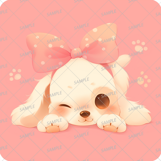 AA-0920 A cute winking dog with a big pink dotted ribbon on its head