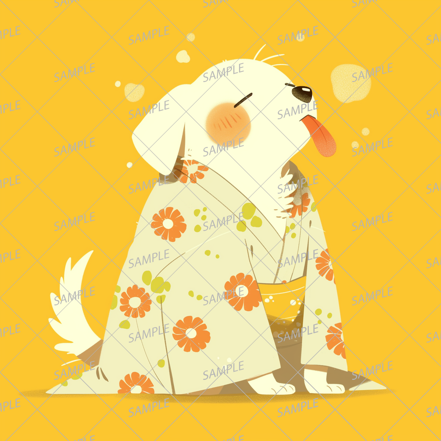 AA-0922 A dog wearing a floral kimono, staring blankly with its tongue out