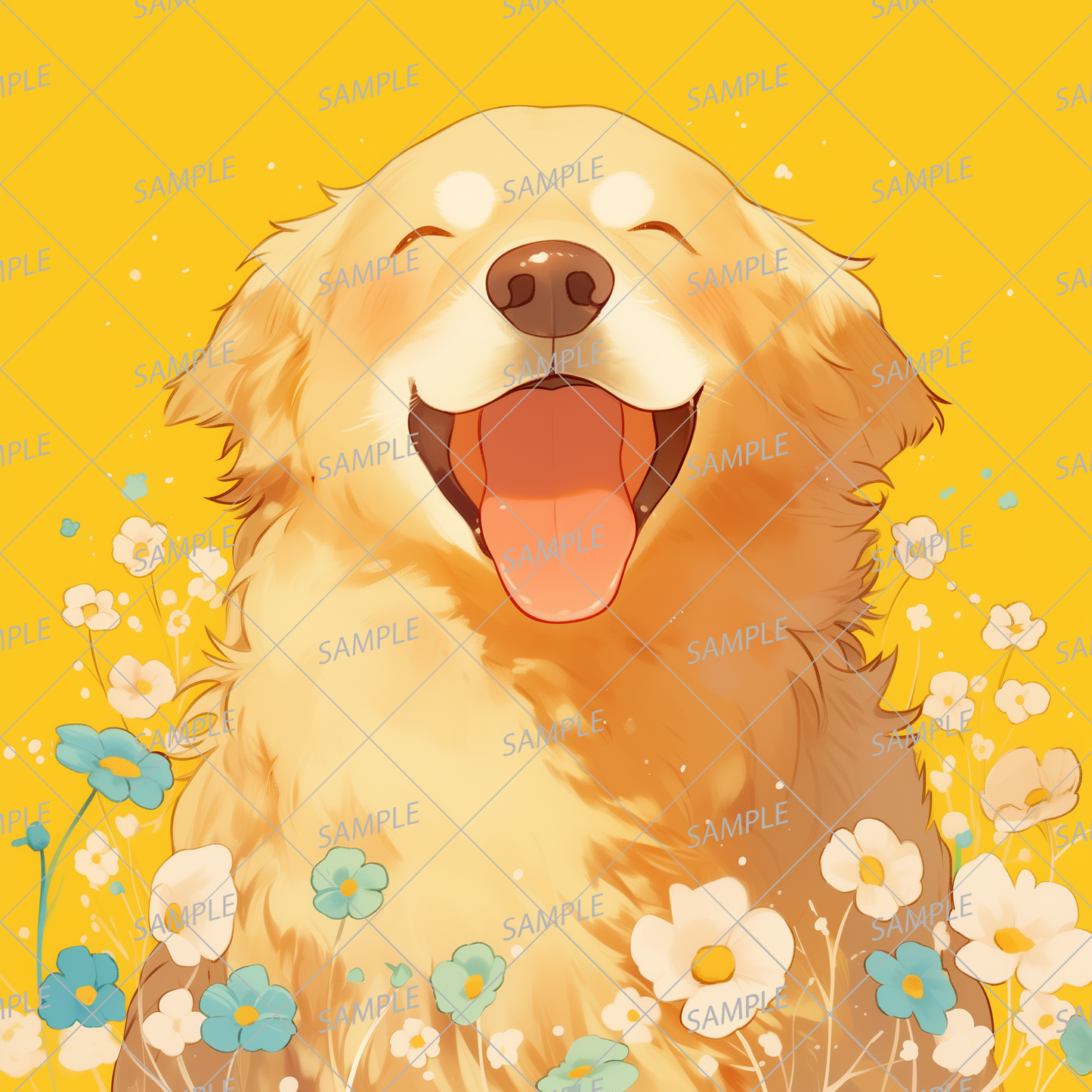 AA-0928 Smiling golden retriever surrounded by blooming flowers