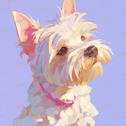 AA-0929 A dog with a pink collar and a focus on focus, painted in pale tones