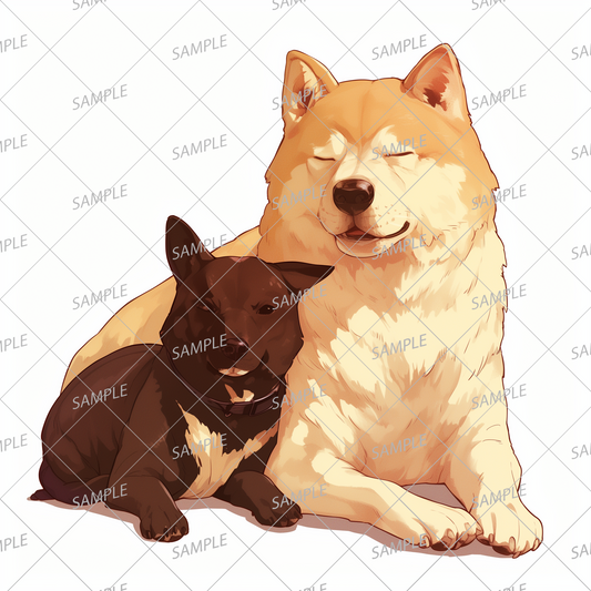 AA-0930 A small black dog and a large cream-colored dog relaxing together