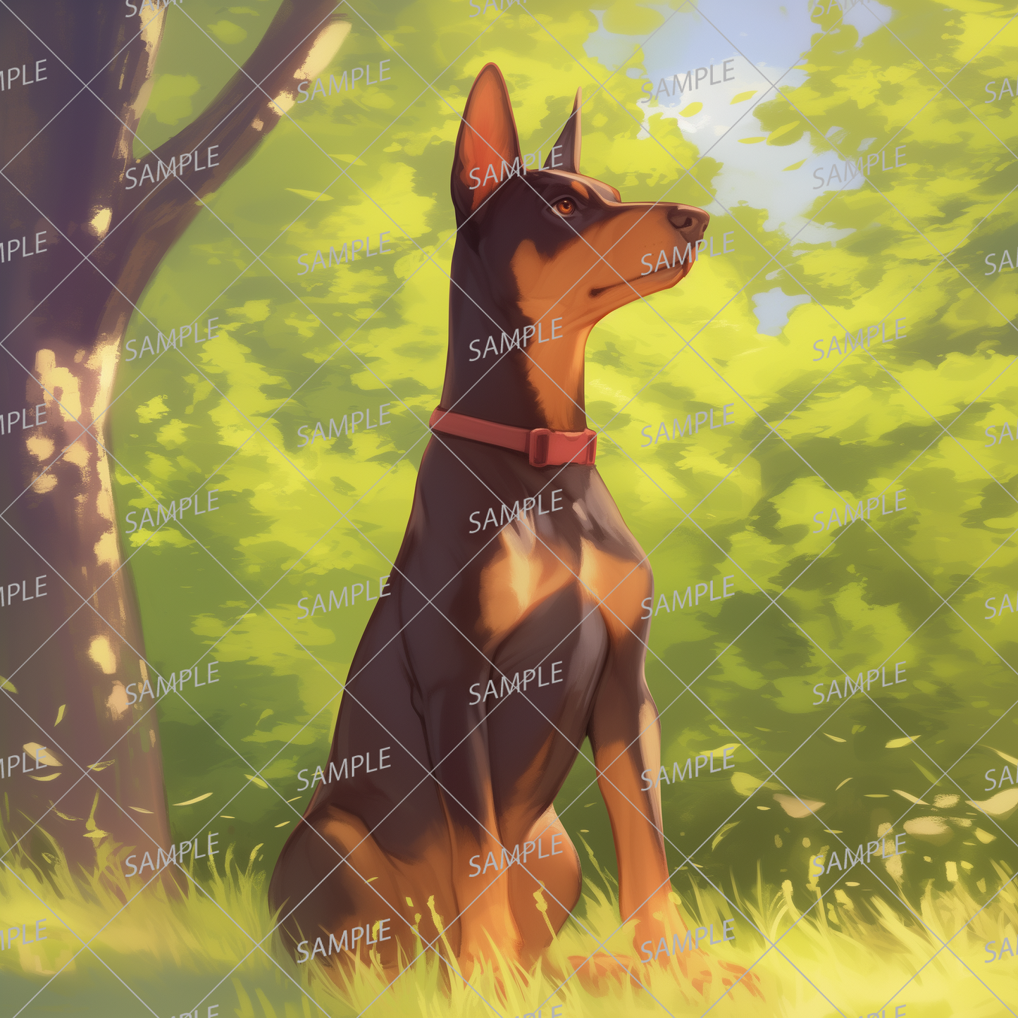 AA-0934 Doberman sitting proudly in a lush forest