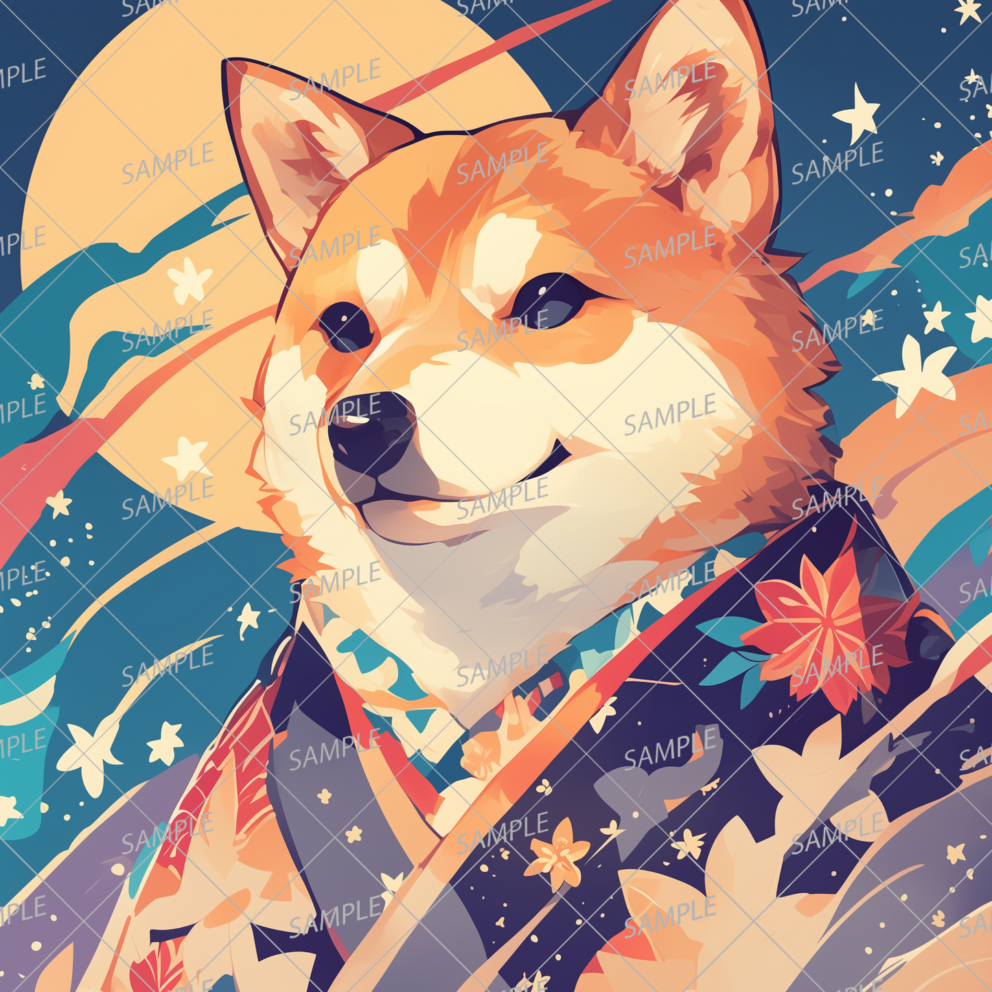 AA-0935 A dignified Shiba Inu in a gorgeous Japanese outfit on a full moon night