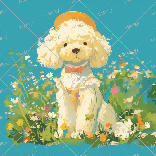 AA-0936 A small dog with curly hair in a flower field wearing an orange hat and a floral scarf