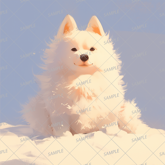 AA-0937 A fluffy white dog standing in a snowy field covered with snow