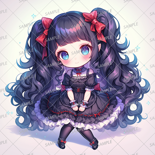 AA-0950 Mini character wearing a black gothic dress with red ribbon twin tails