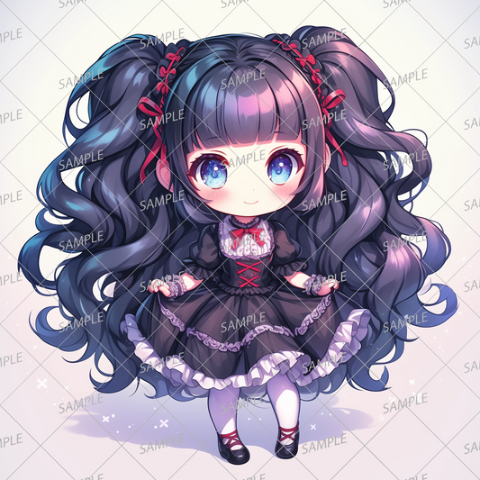 AA-0952 Mini character 3 wearing a black gothic dress with red ribbon twin tails