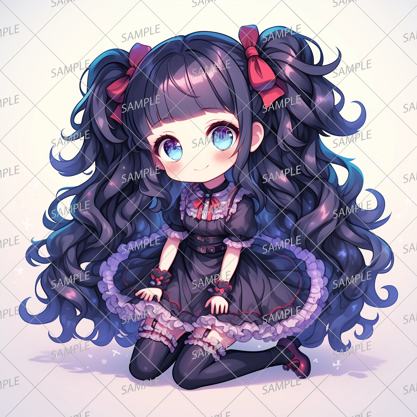 AA-0953 Mini character 4 wearing a black gothic dress with red ribbon twin tails