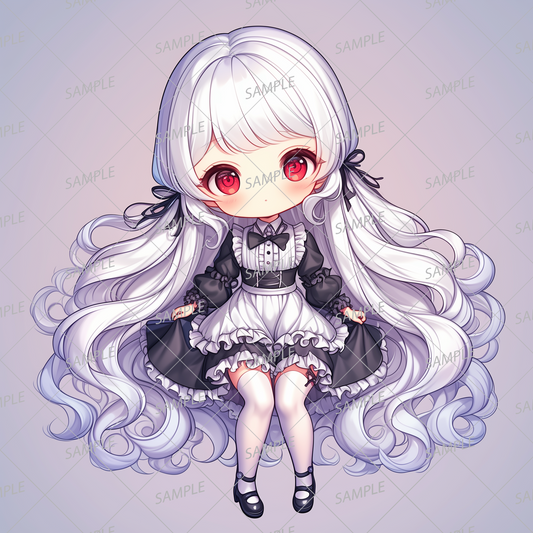 AA-0957 Mini character of a girl with pure white hair wearing a monotone dress and sitting in a cute way.