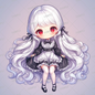 AA-0957 Mini character of a girl with pure white hair wearing a monotone dress and sitting in a cute way.