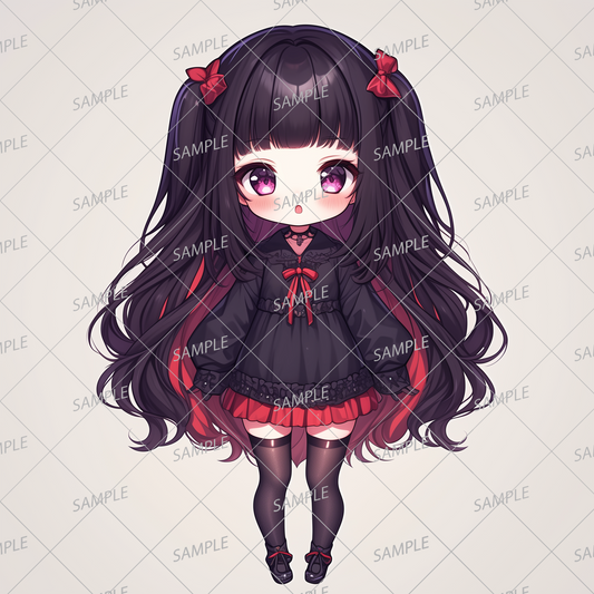 AA-0958 Mini character with black hair in twin tails and wearing a black gothic dress