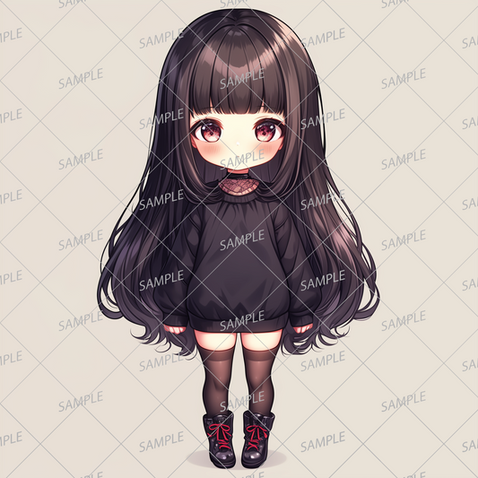 AA-0960 A mini character of a black-haired girl with bangs wearing a simple black sweater