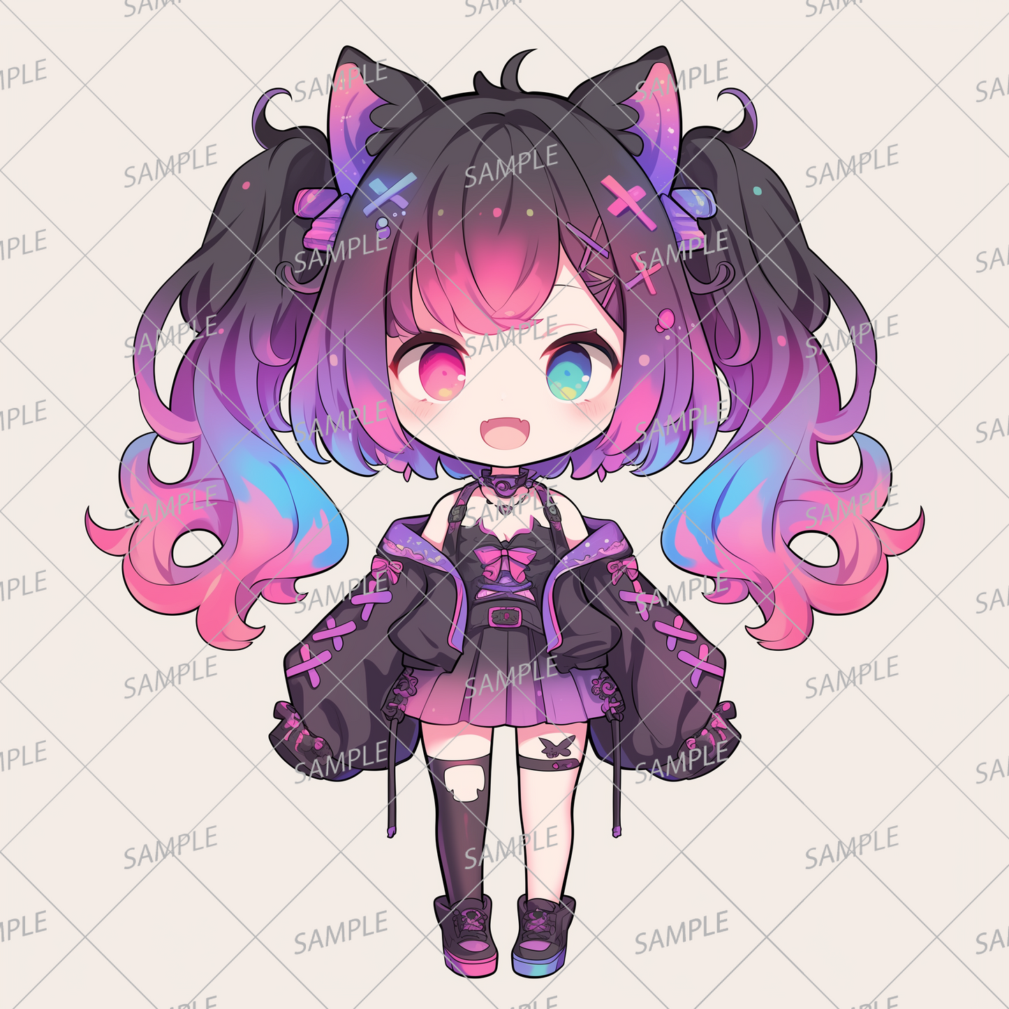 AA-0968 Gothic furry ear girl mini character with pink and blue gradation hair