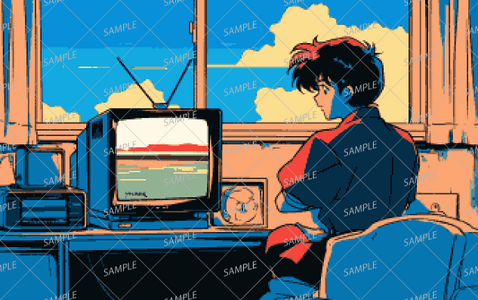 AA-0974: A boy staring at a TV screen in a nostalgic pixelated room