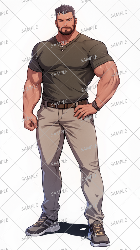 AA-0992: A muscular man with black hair and a black beard wearing simple, casual clothing