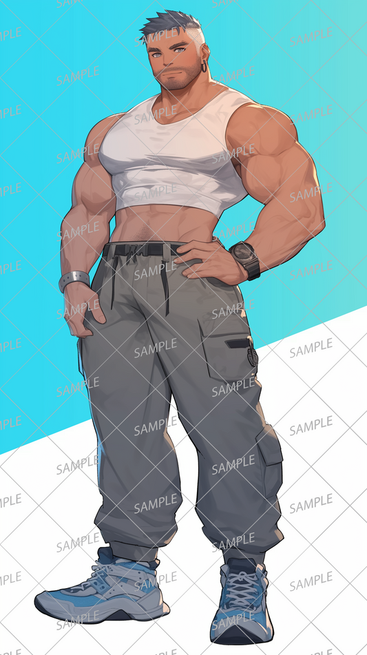 AA-0996: Muscular man with short grey hair wearing cargo pants and a shirt that shows his abs