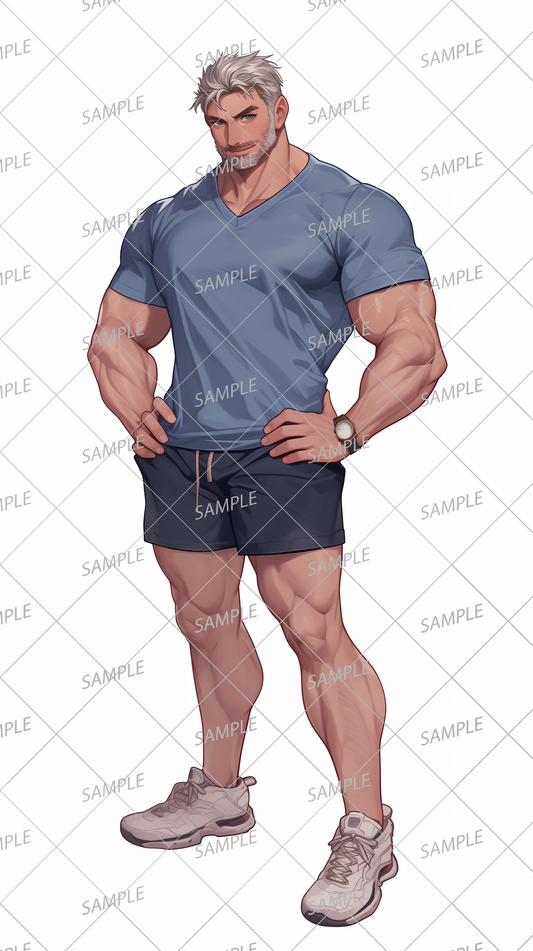 AA-0997: Muscular bearded sporty man wearing a blue short-sleeved T-shirt and shorts