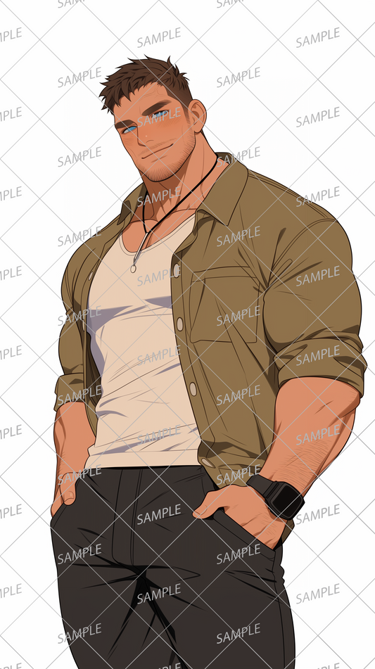 AA-0998: A muscular man with short hair wearing a khaki shirt and a white tank top