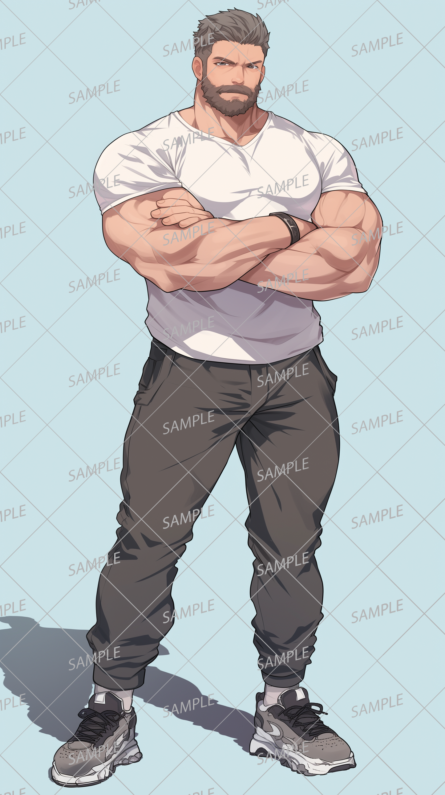 AA-1002: Muscular male with short hair and grey beard wearing a white t-shirt and jogger pants