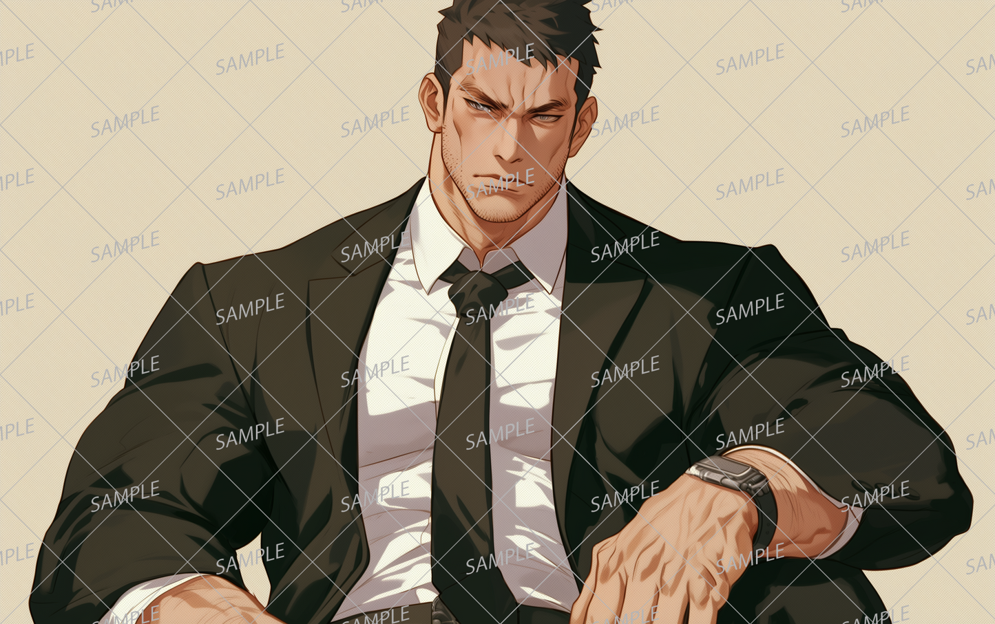 AA-1005: A man in a black suit with a muscular build, strong eyebrows and a sharp gaze