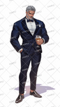 AA-1015: An elegant gentleman wearing a dark blue tuxedo with a wine glass in his hand.