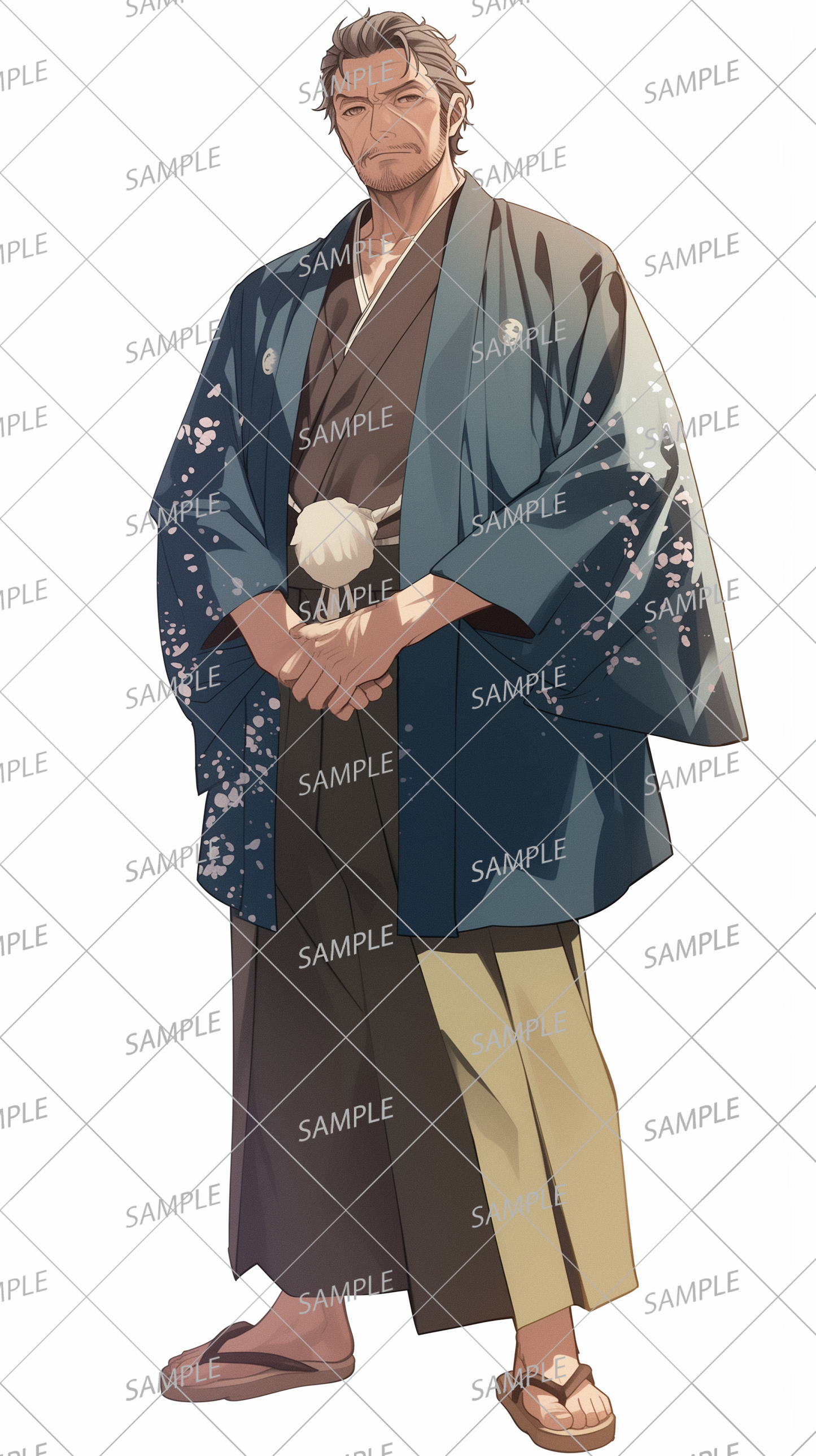 AA-1027: A formal Japanese white-haired old man wearing a haori with a cherry blossom pattern