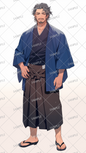 AA-1029: A gentleman wearing a simple and elegant Japanese outfit of a navy blue kimono and brown hakama.