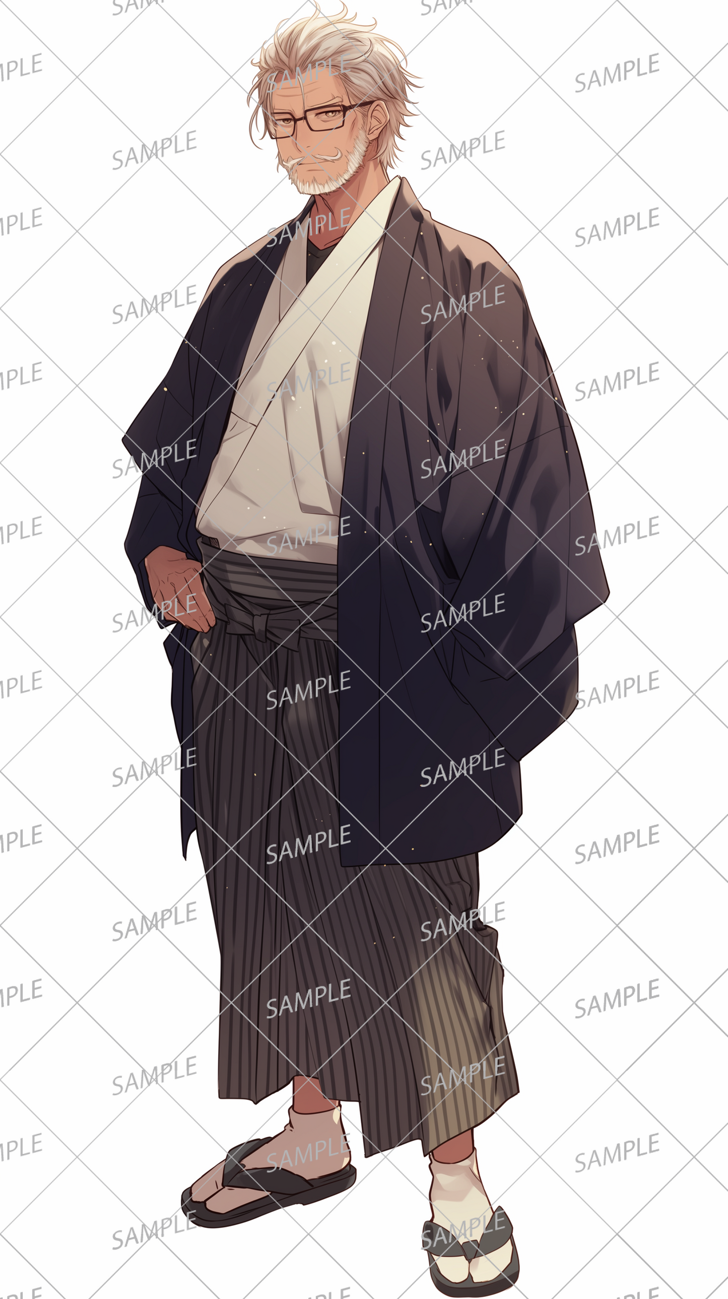 AA-1035: A middle-aged man wearing glasses and a calm appearance, wrapped in a black haori coat and traditional Japanese clothing