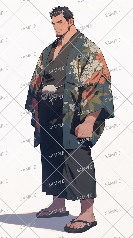 AA-1036: A muscular man with short black hair wearing a floral patterned haori