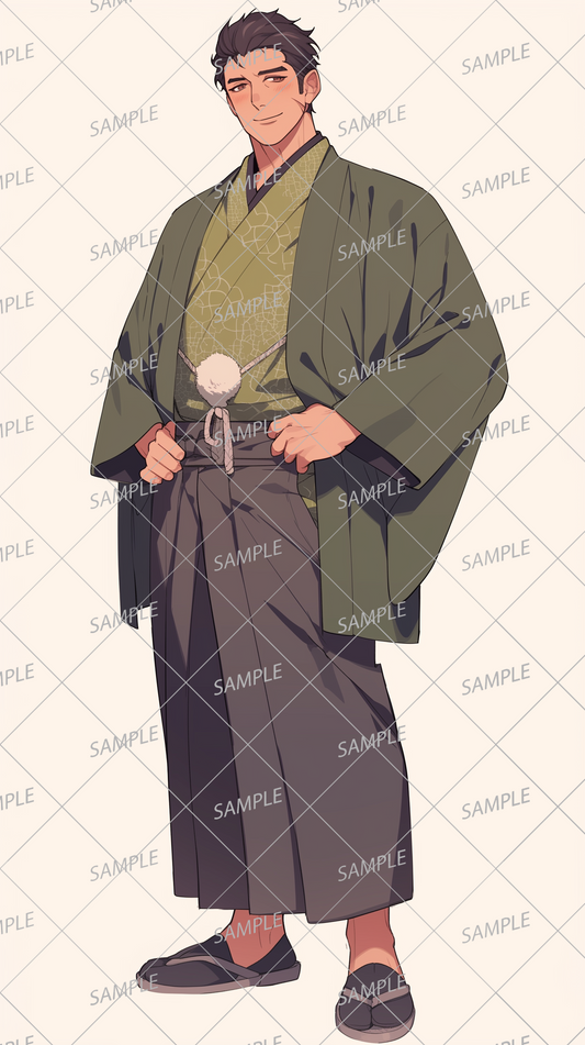 AA-1037: A man with thick black hair and a gentle smile wearing a green haori