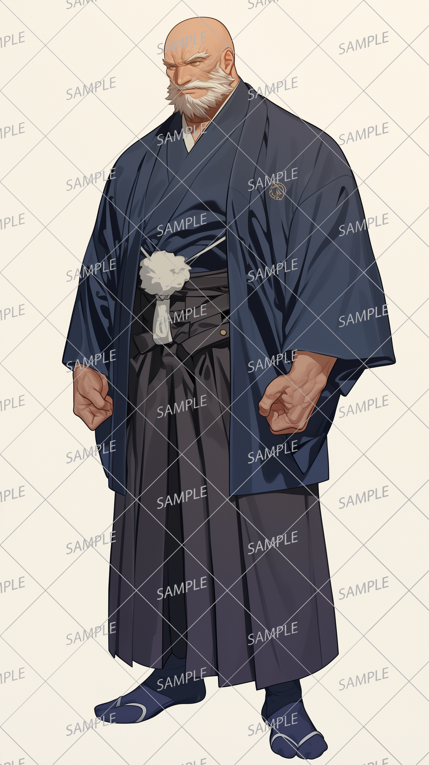 AA-1039: A middle-aged man with a shaved head and a sturdy build wearing traditional Japanese clothing