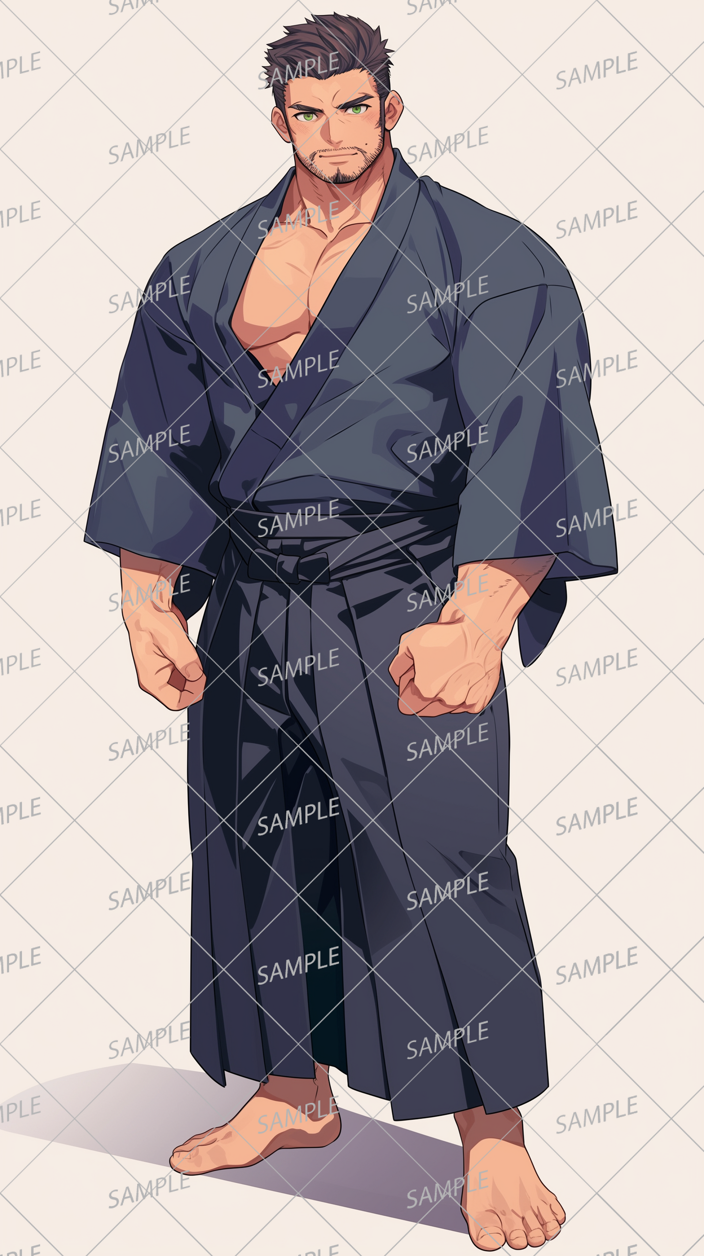 AA-1041: A well-trained man standing barefoot wearing a dark blue hakama that is slightly exposed.