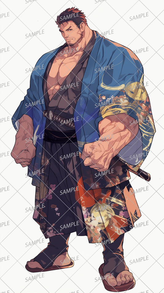 AA-1042: A large, muscular man wearing a flashy blue kimono