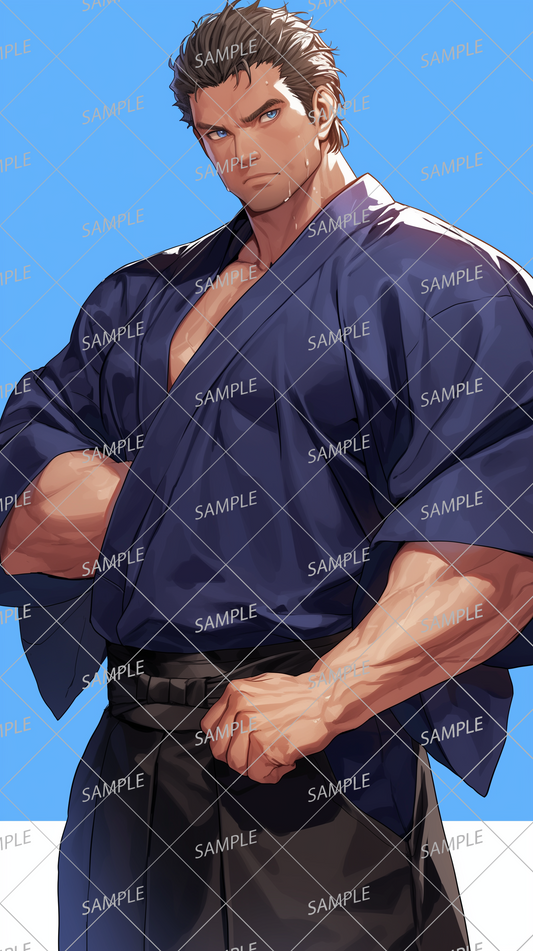 AA-1045: A black-haired man with bangs raised, wrapped in a blue kimono and trained to the point of dripping sweat.