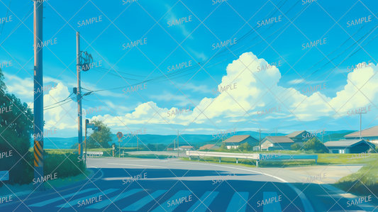 AA-1070: A peaceful rural intersection with blue skies and white clouds against the backdrop of mountains