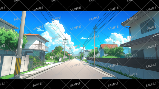 AA-1073: A quiet street lined with reddish-brown roofs woven together by utility poles and wires.