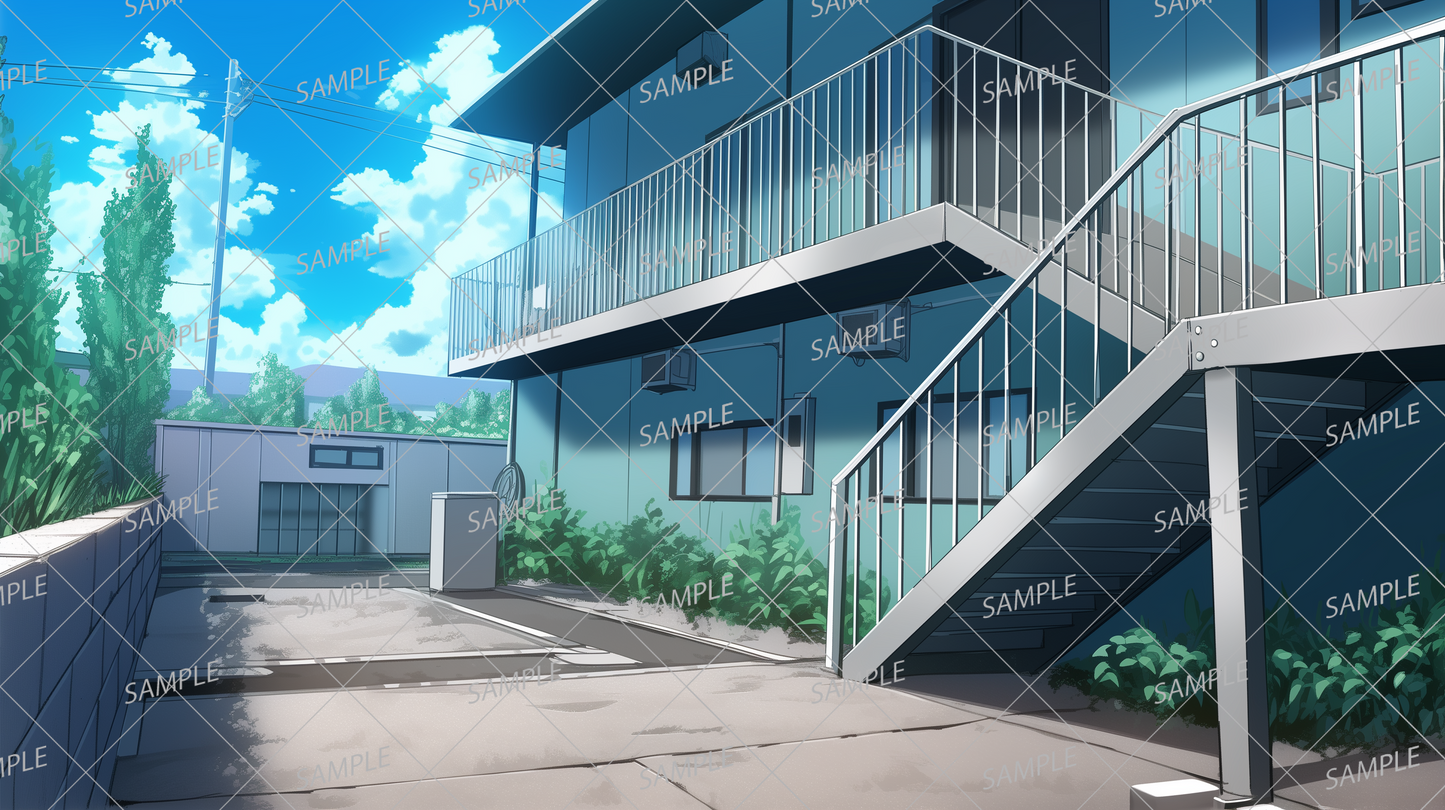 AA-1081: Blue sky in the distance, exterior stairs of an apartment building, and parking space