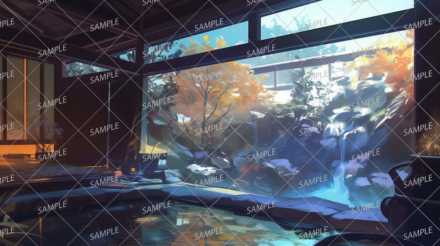 AA-1099: A quiet hot spring surrounded by stones and a view of autumn leaves