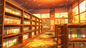 AA-1100: A library interior surrounded by wooden bookshelves illuminated by evening light