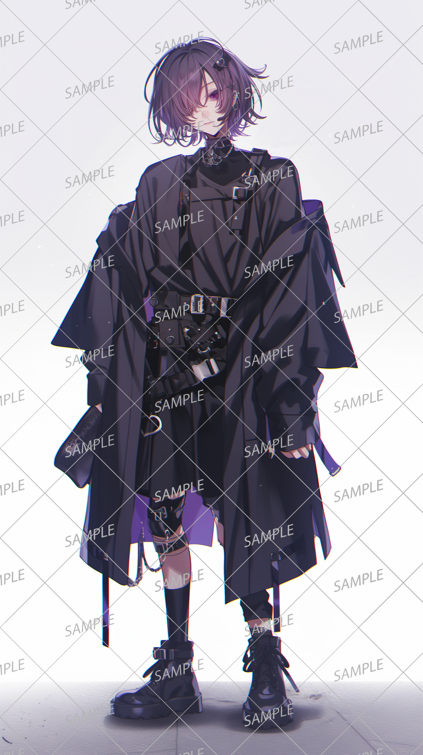 AA-1104: Androgynous purple-haired boy wearing an oversized outerwear