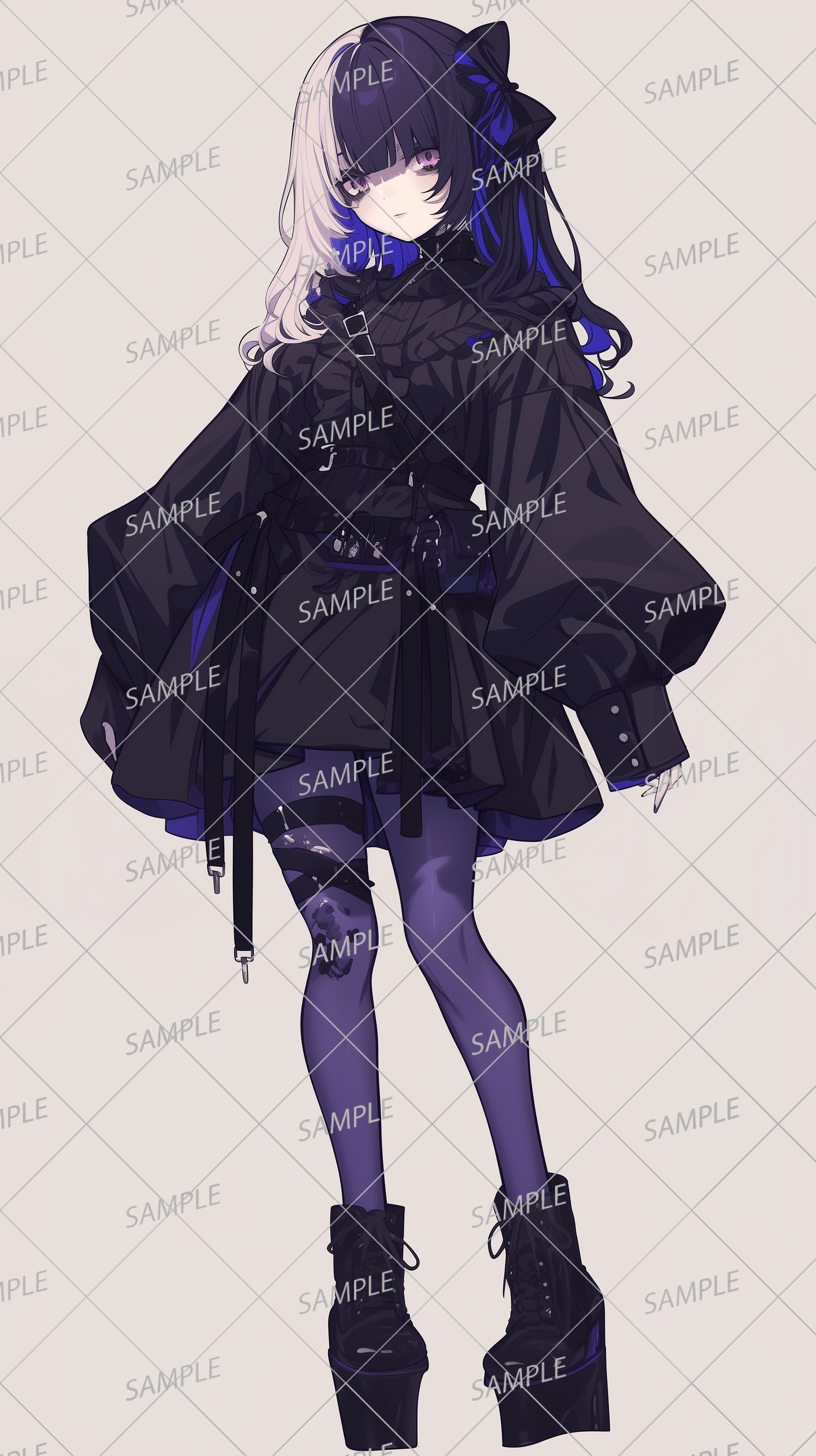 AA-1121: A girl with white and purple two-tone hair wearing a gothic dress and purple tights